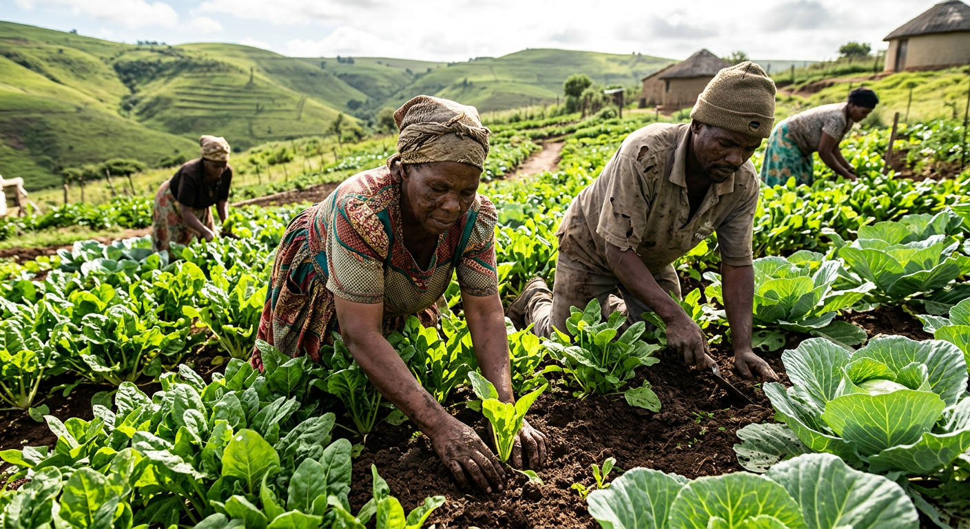 Community members tending a vegetable garden in the Midlands hills